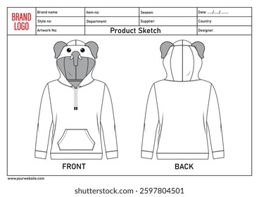 Hoodie technical drawing flat sketch with clothing tech pack template