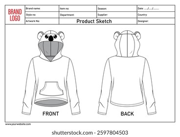Hoodie technical drawing flat sketch with clothing tech pack template