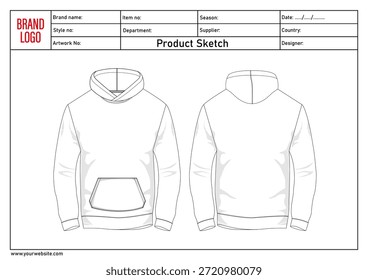Hoodie technische Zeichnung Vektorgrafik Vorlage vorne und hinten