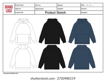 Hoodie technische Zeichnung Vektorgrafik Vorlage vorne und hinten