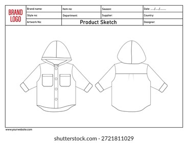 Hoodie technical drawing vector illustration template for kids with tech pack details
