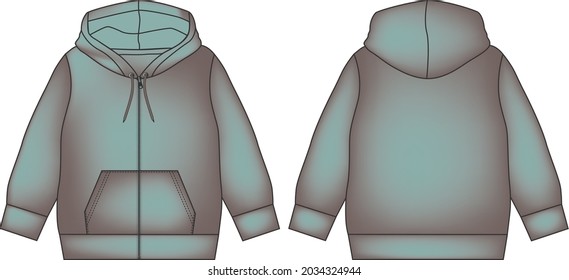 Hoodie. Technical fashion flat sketch Vector template. Cotton fleece Apparel sweatshirt With acid washed body fabric clothing hood illustration mockup outwear jumper. Men, unisex top CAD.