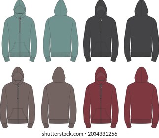 Hoodie. Technical fashion flat sketch Vector template. Various color Cotton fleece fabric Apparel sweatshirt   illustration mock up. Clothing outwear jumper Front and back views. Men, unisex top CAD.