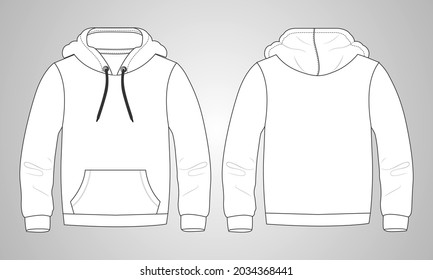 Hoodie Technical Mode flach Skizze Vektorvorlage.  Cotton Vlies Gewebe Bekleidung Sweatshirt Illustration Mock up Front, Rückansicht. Bekleidungsoutwear Jumper Men, unisex top CAD.