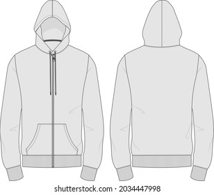 Hoodie Technical fashion flat sketch Vector template. Cotton fleece fabric Apparel hooded with zipper sweatshirt illustration black color mock up. Clothing outwear Men's top CAD.