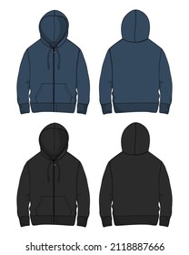 Hoodie. Technical fashion flat sketch Vector template. Cotton fleece fabric Apparel hooded sweatshirt illustration black, Navy color mock up. Clothing outwear jumper Front, back. Men, unisex top CAD.