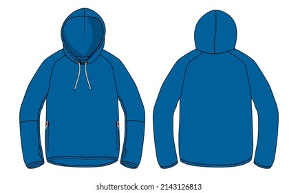 Hoodie Technical fashion flat sketch Vector template. Cotton fleece fabric Apparel hooded sweatshirt illustration blue  color mock up. Clothing outwear Men's top CAD.
