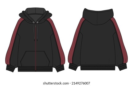 Hoodie. Technical fashion flat sketch Vector template. Cotton fleece fabric Apparel hooded sweatshirt illustration black color mock up. Clothing outwear jumper Front, back views. Men, unisex top CAD.