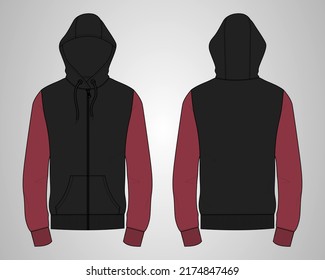 Hoodie. Technical fashion flat sketch Vector template. Cotton fleece fabric Apparel hooded sweatshirt illustration black color mock up. Clothing outwear jumper Front, back views. Men, unisex top CAD.