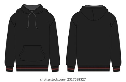 Hoodie. Technical fashion flat sketch Vector template. Cotton fleece fabric Apparel hooded with zipper sweatshirt illustration black color mock up Front, back views. Clothing outwear Men's top CAD.