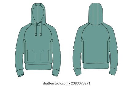 Hoodie Technical fashion flat sketch Vector template. Cotton fleece fabric Apparel hooded sweatshirt illustration green color mock up Front, back views.