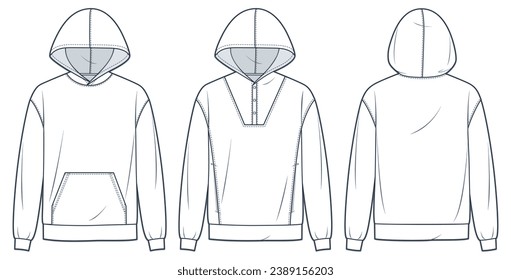 Hoodie technical fashion illustration. Hooded Sweatshirt fashion flat technical drawing template, pocket, button closure, front and back view, white, women, men, unisex Sportswear CAD mockup set.