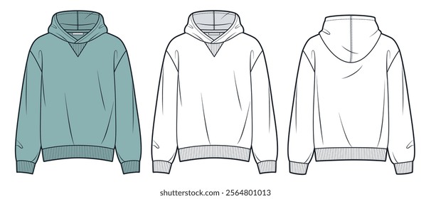 Hoodie technical fashion illustration. Hooded Sweatshirt fashion flat technical drawing template, front and back view, white, green, women, men, unisex Top CAD mockup set.