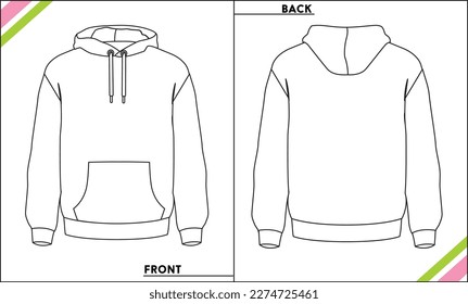 hoodie technical fashion illustration with pocket, relaxed fit, long sleeves. Flat jumper apparel template front, back white color. Women, men, unisex sweatshirt top CAD