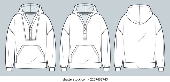 Hoodie technical fashion illustration. Hoodie Sweatshirt fashion flat technical drawing template, pocket, button closure, front and back view, white, women, men, unisex CAD mockup set.