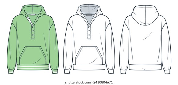 Hoodie technical fashion illustration. Sweatshirt fashion flat technical drawing template, pocket, hood, button closure, front and back view, white, green, women, men, unisex CAD mockup set.