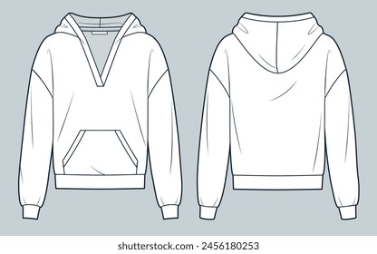 Hoodie technische Mode-Illustration. Sweatshirt Mode flache technische Zeichnung Vorlage, entspannte Passform, Tasche, Vorder- und Rückansicht, weiß, Damen, Herren, Unisex Top CAD Mockup.