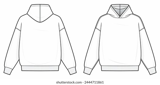 Hoodie technical fashion illustration. hoodie vector template illustration. front and back view. Regular fit. drop shoulder. unisex. white color. CAD mockup.