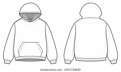 Hoodie technische Mode-Illustration. Kapuzenpullover Vektorgrafik Vorlage Illustration. Vorder- und Rückansicht. Übergroß. Fallschulter. Kängurutasche. Unisex. Leer. CAD-Modell.