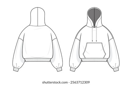 Hoodie technical fashion illustration. hoodie vector template illustration. Front and back view. Oversized sleeve. Drop shoulder. Unisex. White color. CAD mockup.