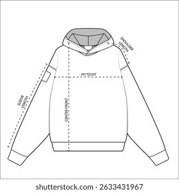 Hoodie technical fashion illustration. hoodie vector template illustration. front and back view. oversized. unisex. CAD mockup.