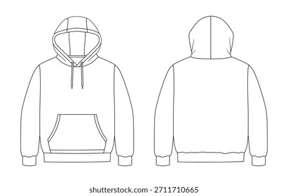 Sudadera con capucha técnica plana sketch Vector dibujo vista frontal y trasera