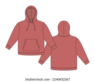 Plantilla de Hoodie. Mochila técnica de boceto de ropa. Color rojo. Sudadera con capucha, bolsillos. Saltador Unisex. Ropa casual. Delante y atrás. ilustración de vector de moda CAD