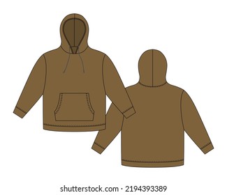 Plantilla de hoodie de color marrón. Mochila técnica de boceto de ropa. Sudadera con capucha, bolsillos. Saltador Unisex. Ropa casual. Delante y atrás. ilustración de vector de moda CAD