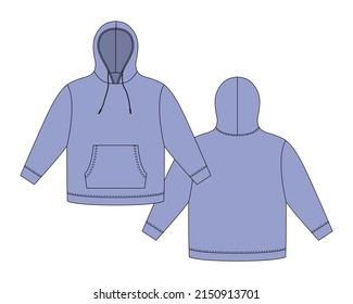 Plantilla de hoodie de color azul fresco. Mochila técnica de boceto de ropa. Sudadera con capucha, bolsillos. Saltador Unisex. Ropa casual. Delante y atrás. ilustración de vector de moda CAD