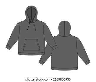 Hoodie Template In Dark Gray Color. Apparel Hoody Technical Sketch Mockup. Sweatshirt With Hood, Pockets. Unisex Jumper. Casual Clothes. Front And Back. CAD Fashion Vector Illustration