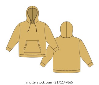 Plantilla de hoodie de color dorado. Mochila técnica de boceto de ropa. Sudadera con capucha, bolsillos. Saltador Unisex. Ropa casual. Delante y atrás. ilustración de vector de moda CAD