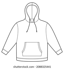 Hoodie template isolated. Apparel hoody technical sketch mockup. Sweatshirt with hood, pockets. Unisex jumper. Casual clothes. Front and back views. CAD fashion vector illustration
