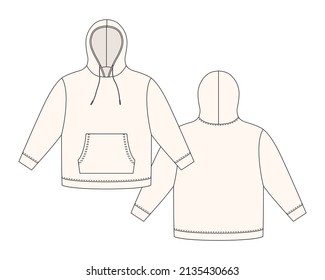 Hoodie template in light color. Apparel hoody technical sketch mockup. Sweatshirt with hood, pockets. Unisex jumper. Casual clothes. Front and back. CAD fashion vector illustration