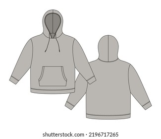 Plantilla de color gris claro. Mochila técnica de boceto de ropa. Sudadera con capucha, bolsillos. Saltador Unisex. Ropa casual. Delante y atrás. ilustración de vector de moda CAD