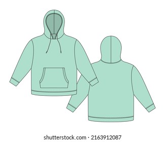 Plantilla de hoodie con color de menta clara. Mochila técnica de boceto de ropa. Sudadera con capucha, bolsillos. Saltador Unisex. Ropa casual. Delante y atrás. ilustración de vector de moda CAD