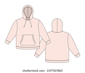 Plantilla de hoodie de color rosa claro. Mochila técnica de boceto de ropa. Sudadera con capucha, bolsillos. Saltador Unisex. Ropa casual. Delante y atrás. ilustración de vector de moda CAD