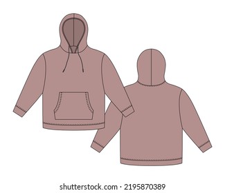 Plantilla de Hoodie en color malva. Mochila técnica de boceto de ropa. Sudadera con capucha, bolsillos. Saltador Unisex. Ropa casual. Delante y atrás. ilustración de vector de moda CAD