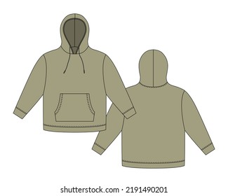 Plantilla de hoodie en color de oliva. Mochila técnica de boceto de ropa. Sudadera con capucha, bolsillos. Saltador Unisex. Ropa casual. Delante y atrás. ilustración de vector de moda CAD