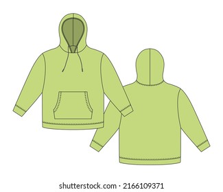 Plantilla de color verde pastel. Mochila técnica de boceto de ropa. Sudadera con capucha, bolsillos. Saltador Unisex. Ropa casual. Delante y atrás. ilustración de vector de moda CAD