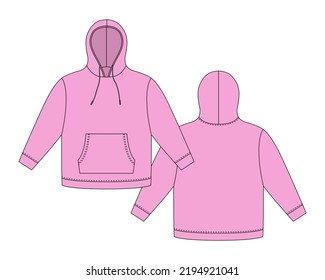 Plantilla de hoodie en color lila pastel. Mochila técnica de boceto de ropa. Sudadera con capucha, bolsillos. Saltador Unisex. Ropa casual. Delante y atrás. ilustración de vector de moda CAD