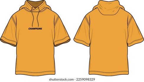 Hoodie t-shirt design flat sketch Illustration, short sleeve Hooded sweatshirt with front and back view, winter jacket for Men and women. Casual hoodie t shirt for winter