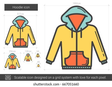 Icono de la línea vectorial de hoodie aislado en fondo blanco. Icono de la línea de alojamiento para infografía, sitio web o aplicación. Icono escalable diseñado en un sistema de cuadrícula.