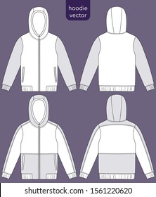 Hoodie vector mockup template. Front and back view. Outline technical sketch for men's sportswear. Isolated vector objects.