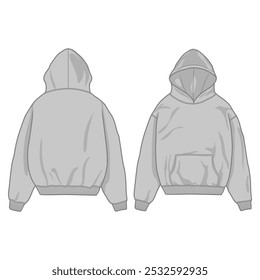 Hoodie vector template illustration. front and back view. oversized. drop shoulder. unisex. grey color. 