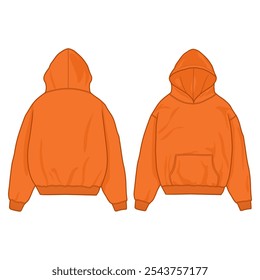 Vektorgrafik mit Kapuzenmuster. Vorder- und Rückseite. überdimensioniert. Schulter fallen lassen. Unisex. orangefarben. 