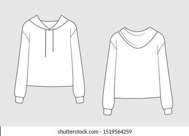 Hoodie vector template isolated on a grey background. Front and back view. Outline fashion technical sketch of clothes model.