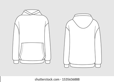 Hoodie vector template isolated on a grey background. Unisex, male, female model. Front and back view. Outline fashion technical sketch of clothes model.