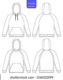 Hoodie vector template. Outline technical sketch hoodie for men. Front and back view. Men's sportswear.