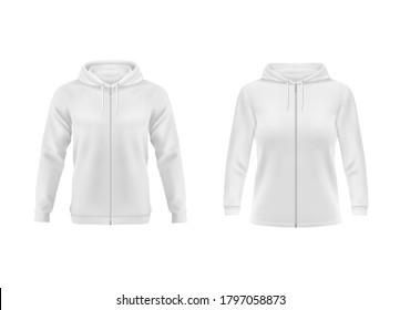 Hoodie, white sweatshirt vector mockup for men and women front view. Isolated hoody with long sleeves, zipper and drawstrings. Sport, casual or urban clothing, teenagers fashion, realistic 3d mock up