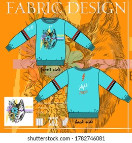 HOODIO CON UNA BOLSA. Ilustración vectorial de una vista frontal de una cabeza de lobo.Flores y cabeza de lobo. Siga el lema energético positivo Wolf Naturaleza ilustración diseño gráfico de camisetas - Vector.